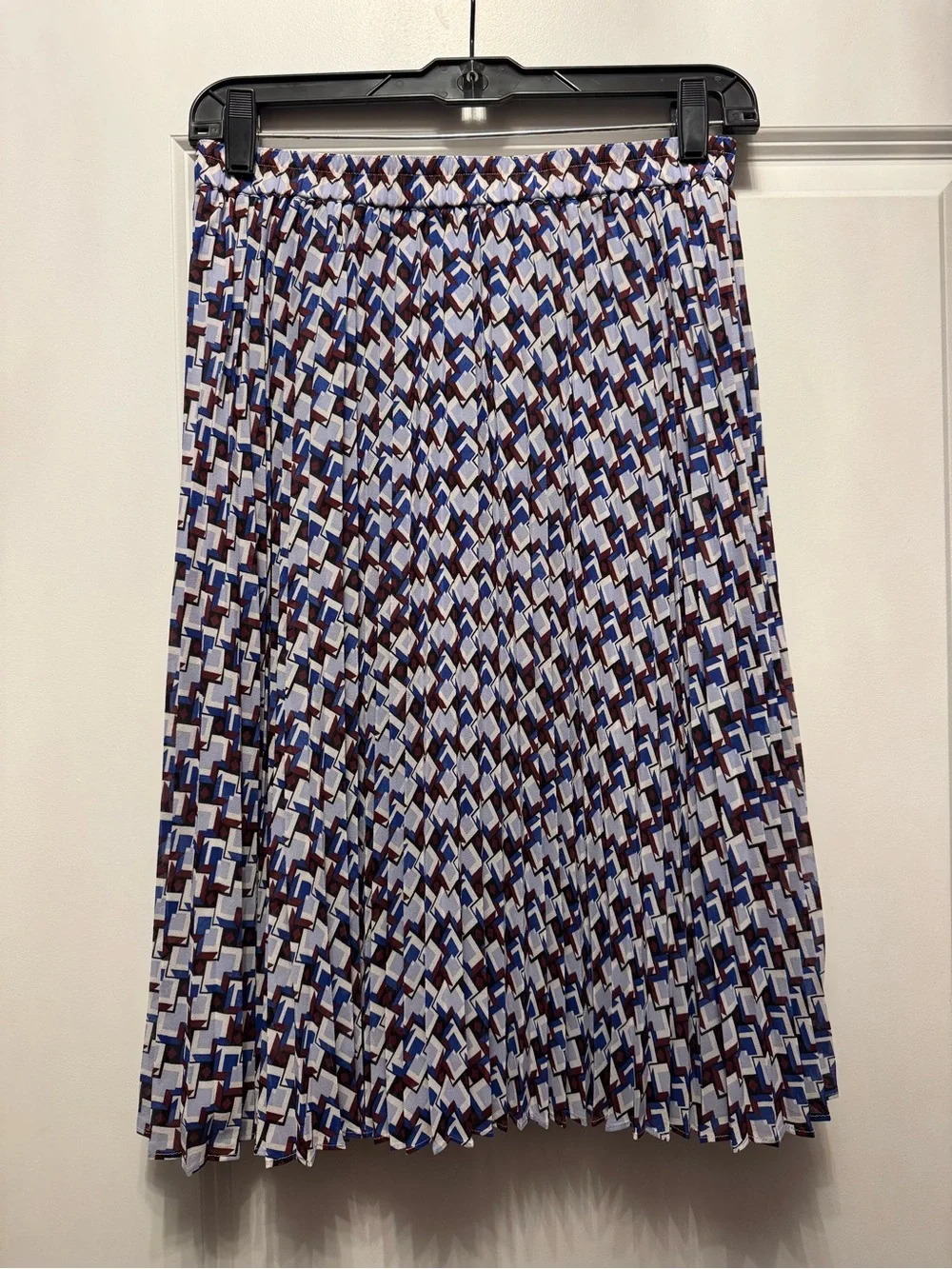 Talbots Pleated Midi Skirt in Blue and Brown Geometric Print